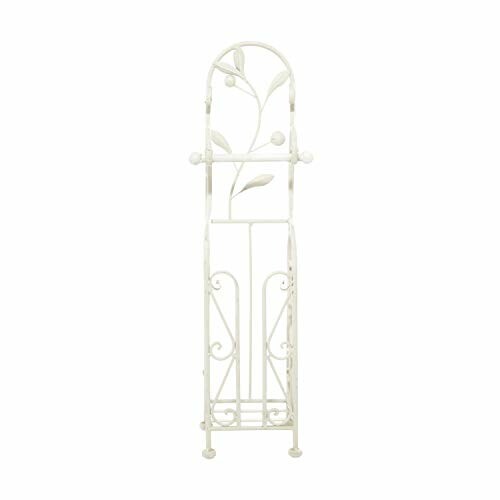 White metal plant stand with decorative leaf design.