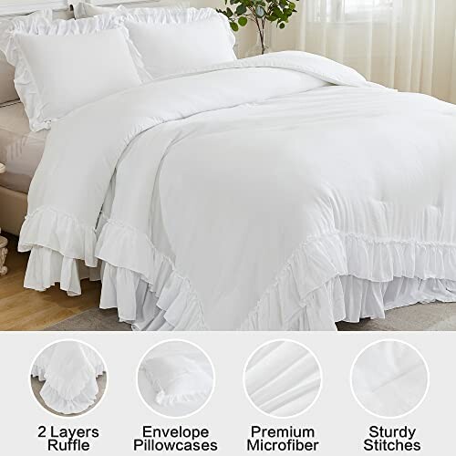 White ruffle bedding set with pillows on a bed