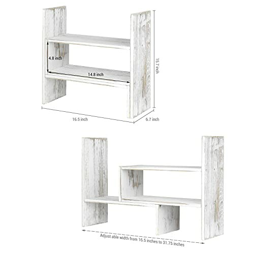 Adjustable wooden shelf organizer with dimensions.