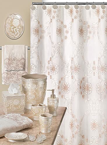 Elegant floral bathroom set with shower curtain and accessories.