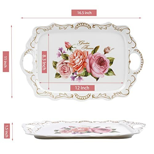 Decorative tray with floral design and measurements