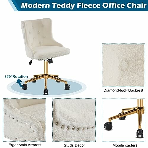 Modern teddy fleece office chair with ergonomic armrest, studs decor, diamond-look backrest, and mobile casters.