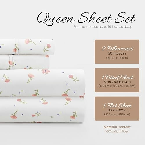 Queen sheet set with floral design and size details