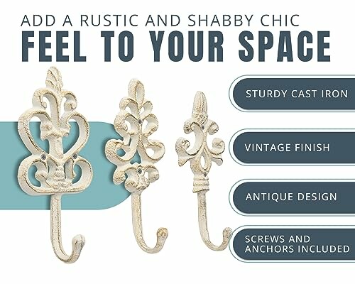 Decorative cast iron wall hooks with vintage finish and antique design.