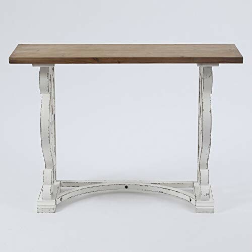 Rustic wood console table with a white distressed base.