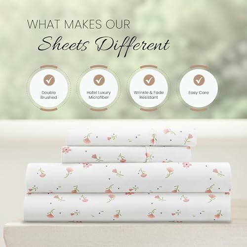 Features of unique bed sheets: double brushed, luxury microfiber, wrinkle resistant, easy care.