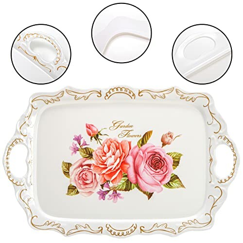 Vintage floral serving tray with ornate handles and rose design