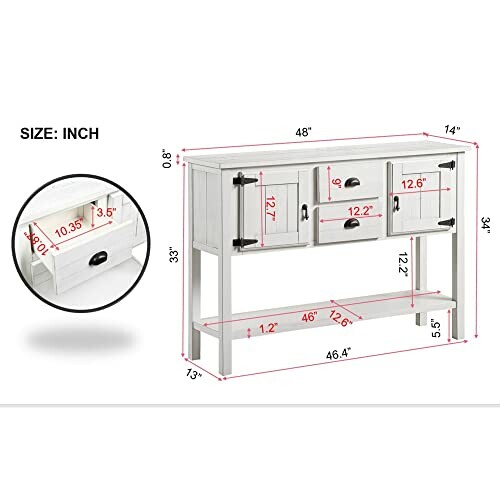 White sideboard with dimensions labeled in inches.