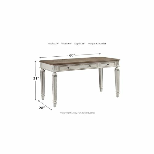 White wooden desk with measurement details.