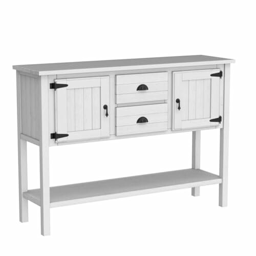 White wooden sideboard with drawers and cabinets.